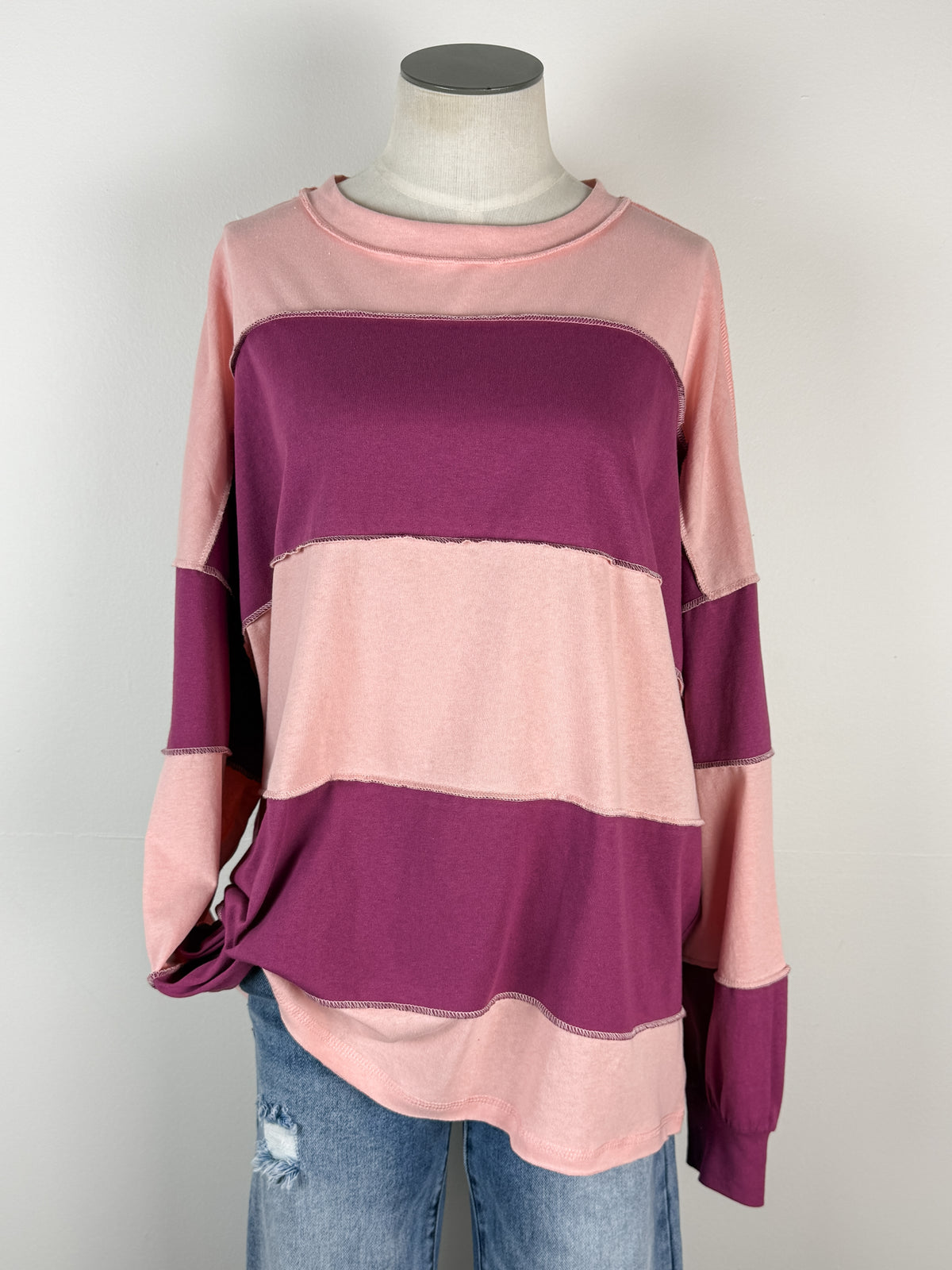 Caroline Oversized Color Block Pullover in Pink/Mauve