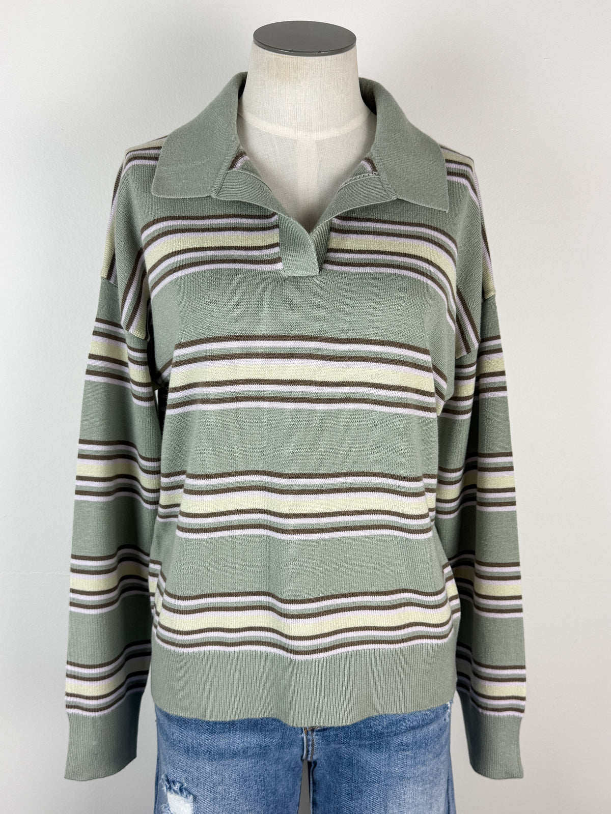 Cora Striped Henley Sweater in Sage