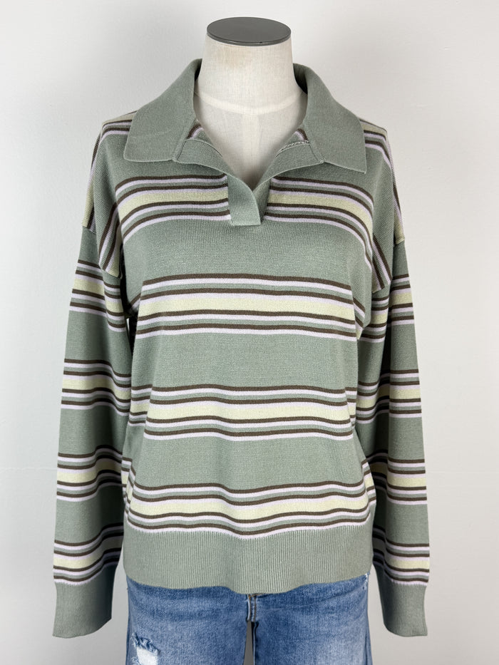 Cora Striped Henley Sweater in Sage