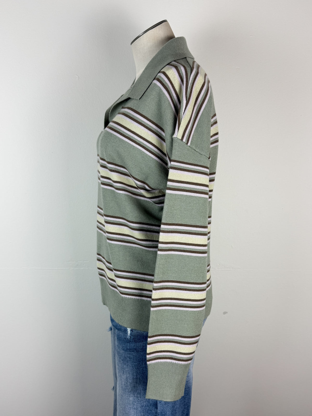 Cora Striped Henley Sweater in Sage