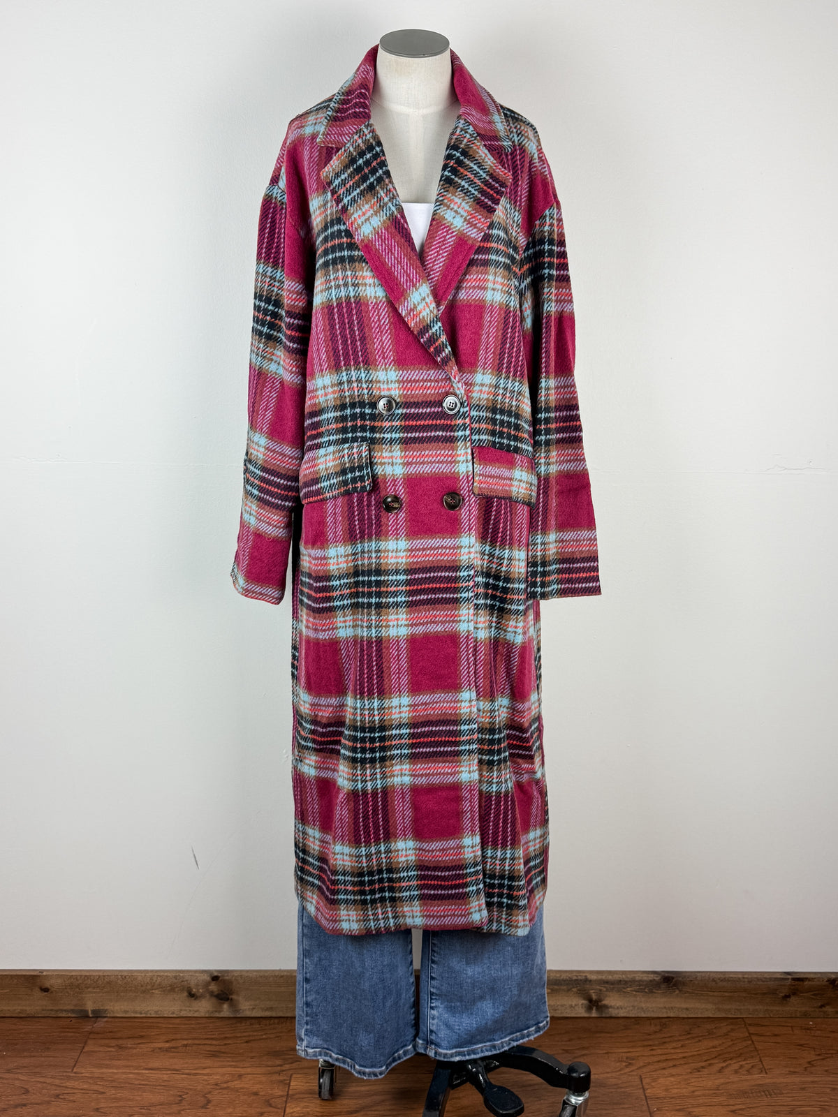 Sofia Plaid Long Coat in Magenta Combo