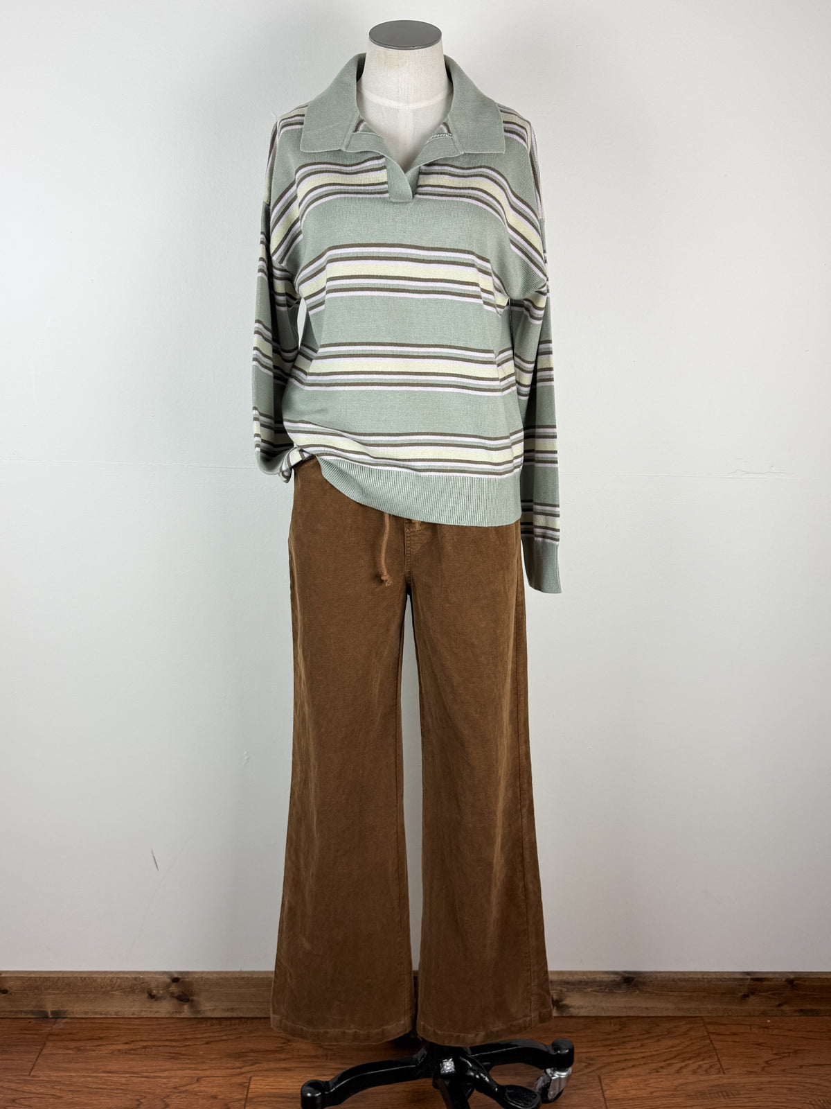 Cora Striped Henley Sweater in Sage