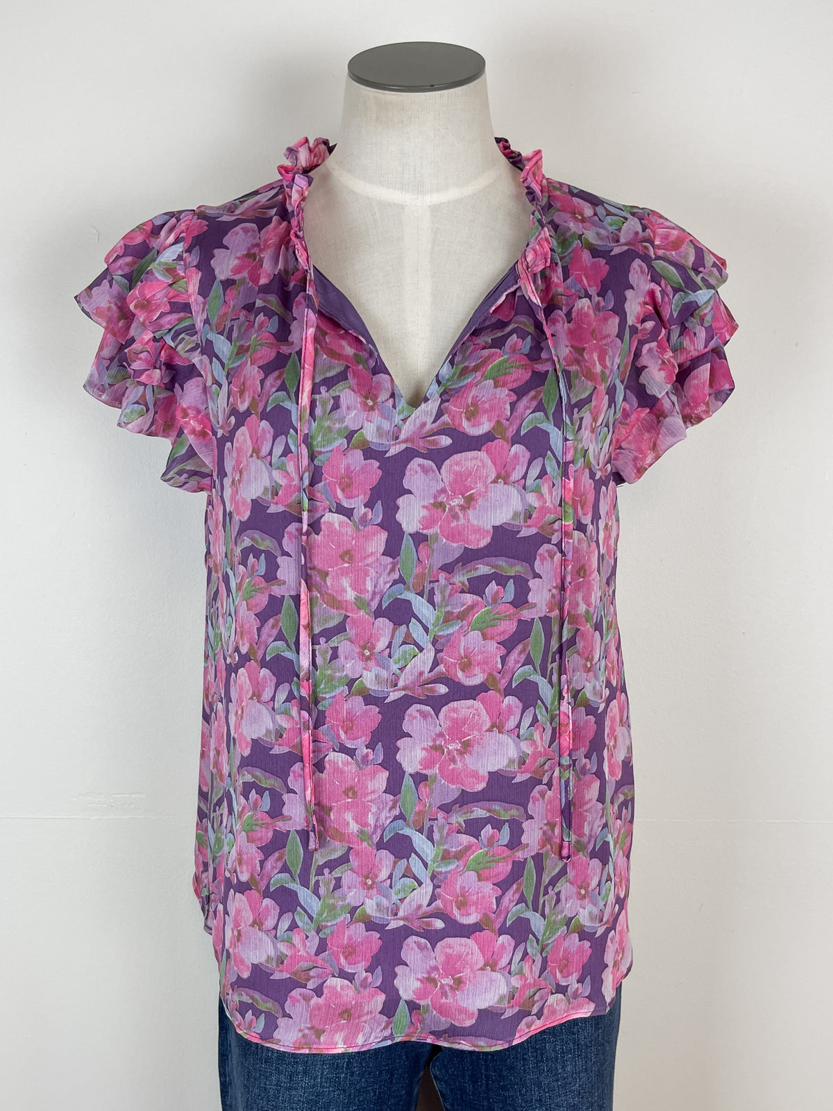 Lexi Ruffle Sleeve Floral Blouse in Purple