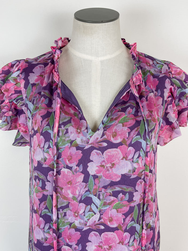 Lexi Ruffle Sleeve Floral Blouse in Purple