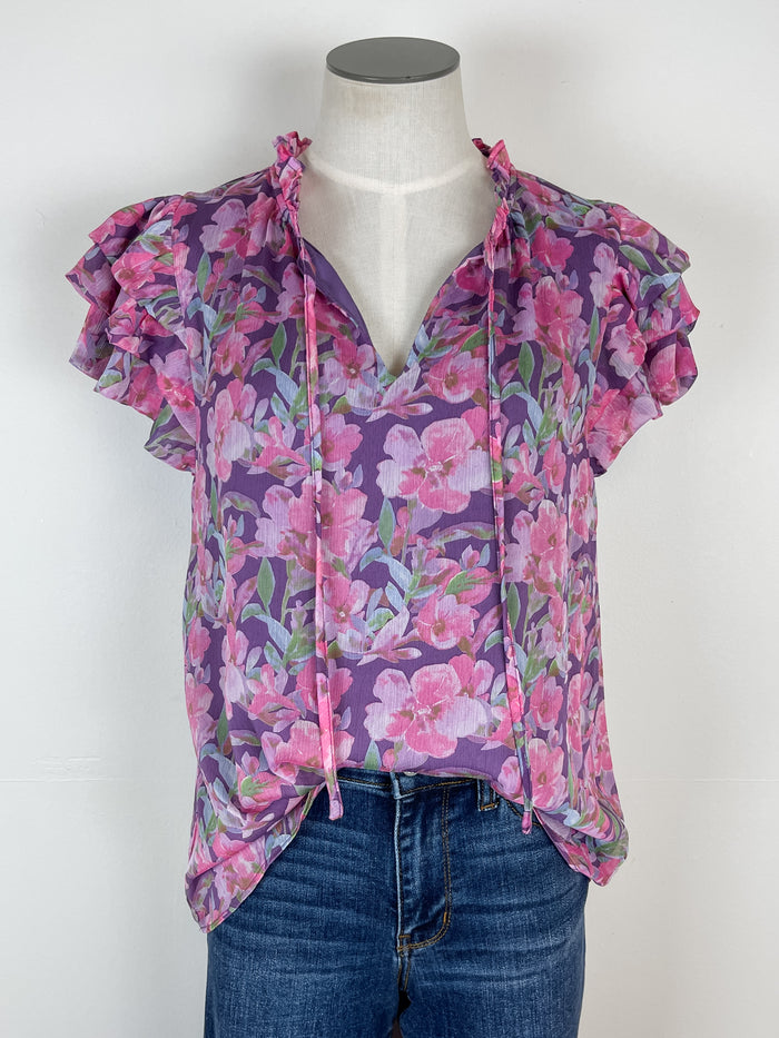 Lexi Ruffle Sleeve Floral Blouse in Purple