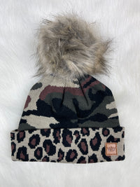 Leopard Trim Puffball Hat