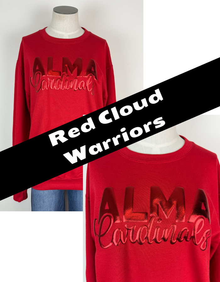 Red Cloud Warriors Metallic Puff School Crewneck Sweatshirts