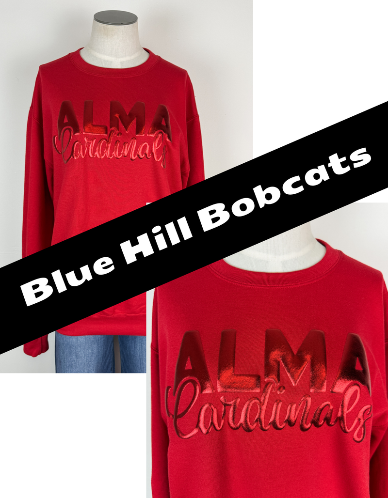 Blue Hill Bobcats Metallic Puff School Crewneck Sweatshirts