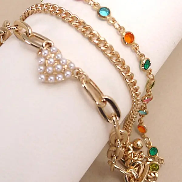 Pearl Heart Multi Layer Bracelet in Gold