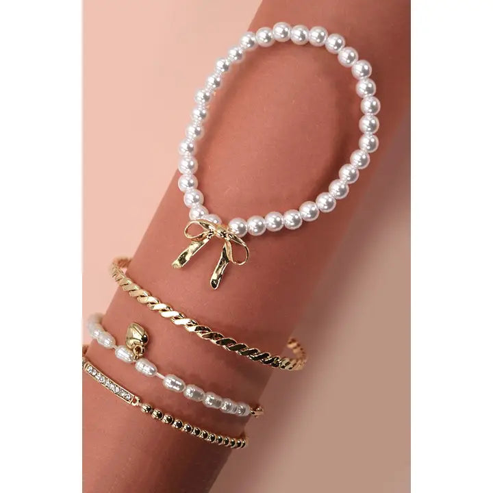 Bow Pearl and Rhinestone Stretch Bracelet Set