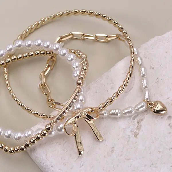 Bow Pearl and Rhinestone Stretch Bracelet Set