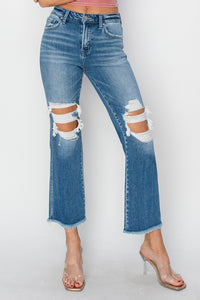 Risen Lauren Mid Rise Distressed Cropped Flare Jeans