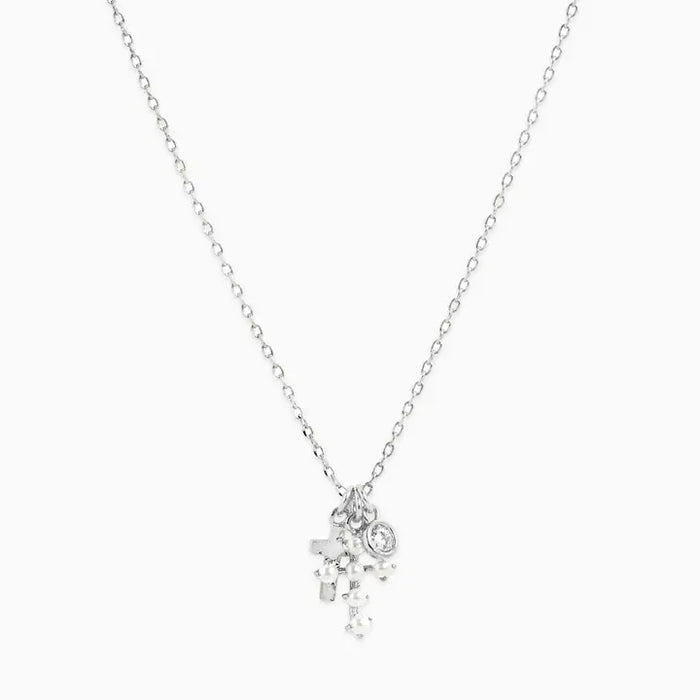 Pearl Cross Triple Charm Necklace in Silver