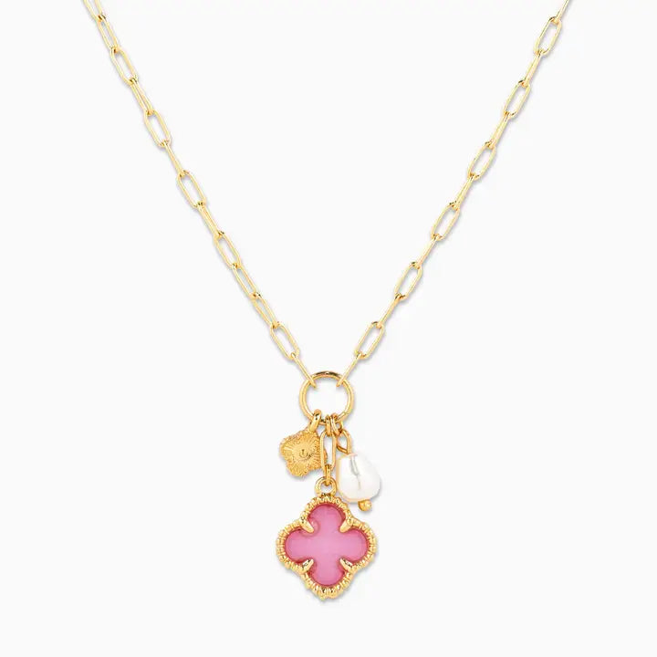 Clover Triple Charm Necklace in Light Pink/Gold