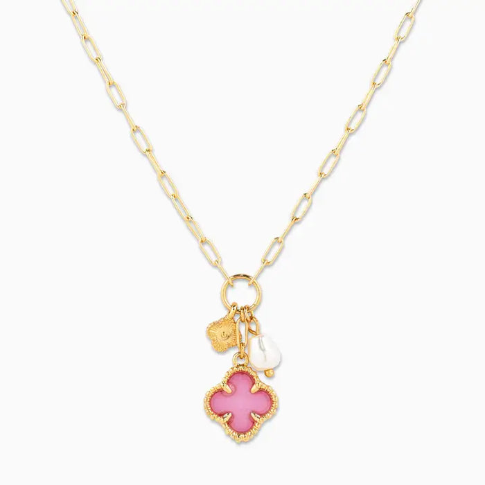 Clover Triple Charm Necklace in Light Pink/Gold