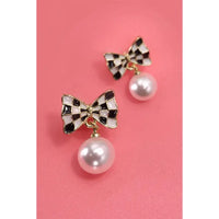 Checkered Bow Pearl Drop Earrings