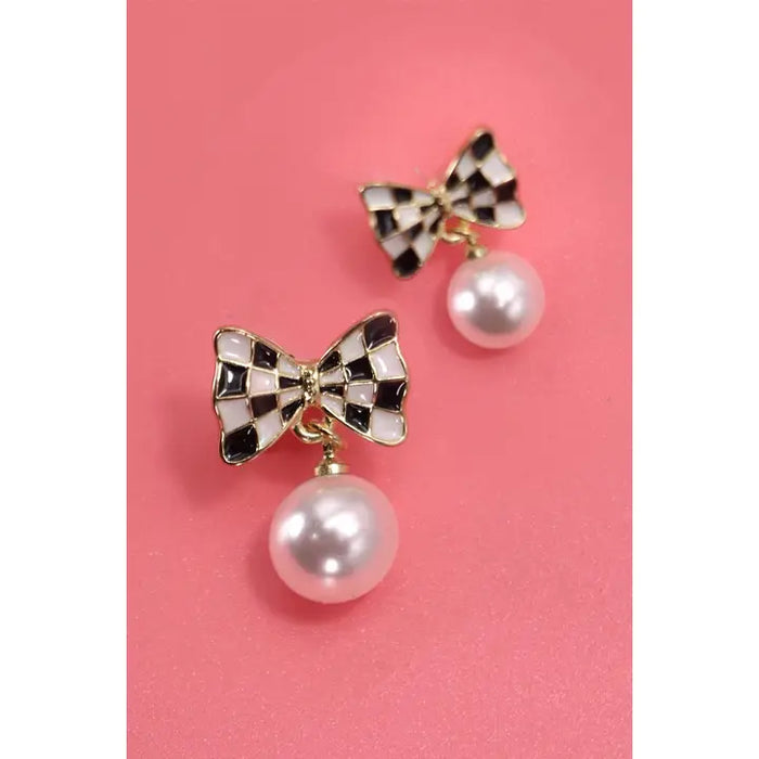 Checkered Bow Pearl Drop Earrings