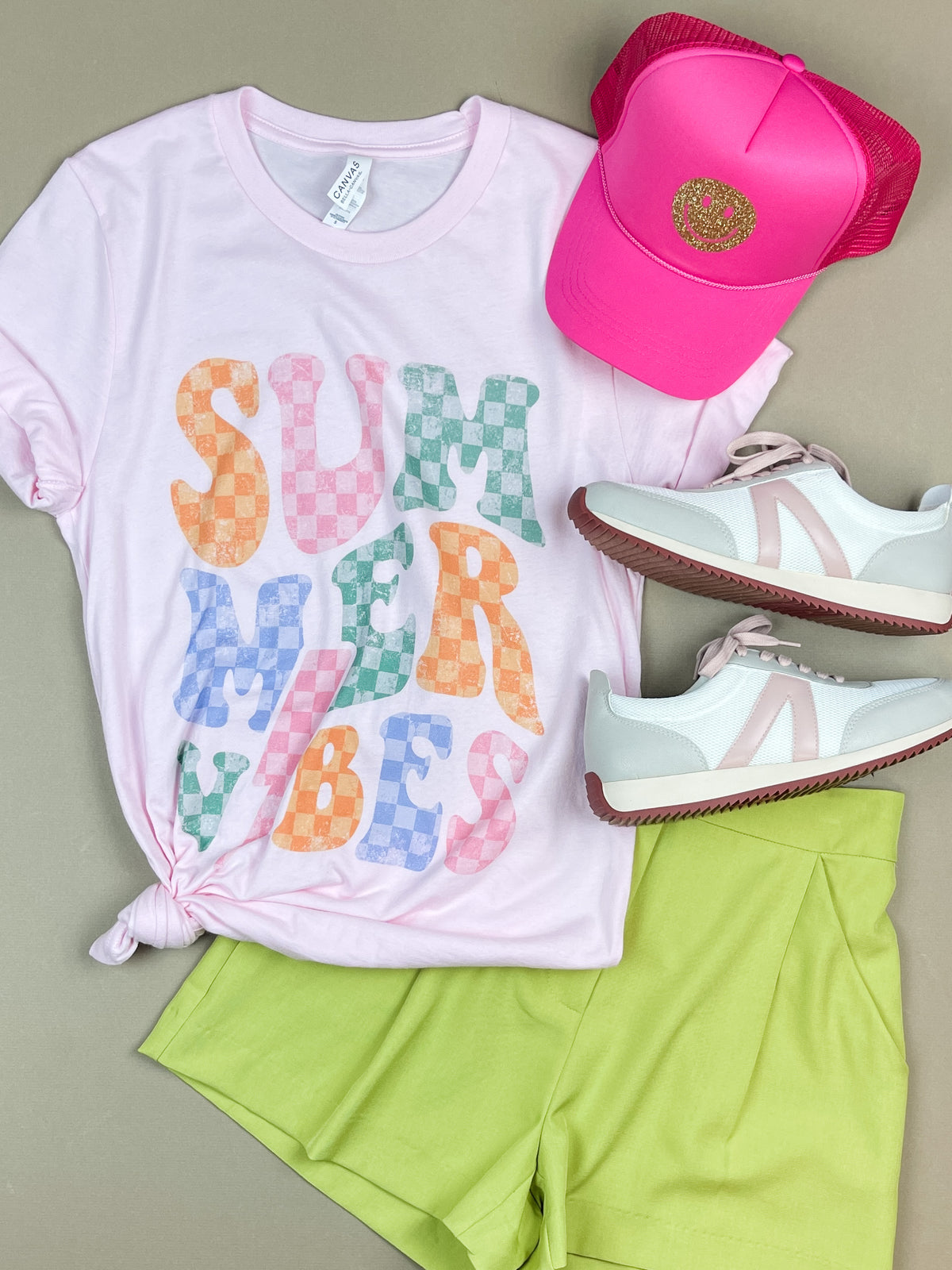 Summer Vibes Checkered Tee in Pink