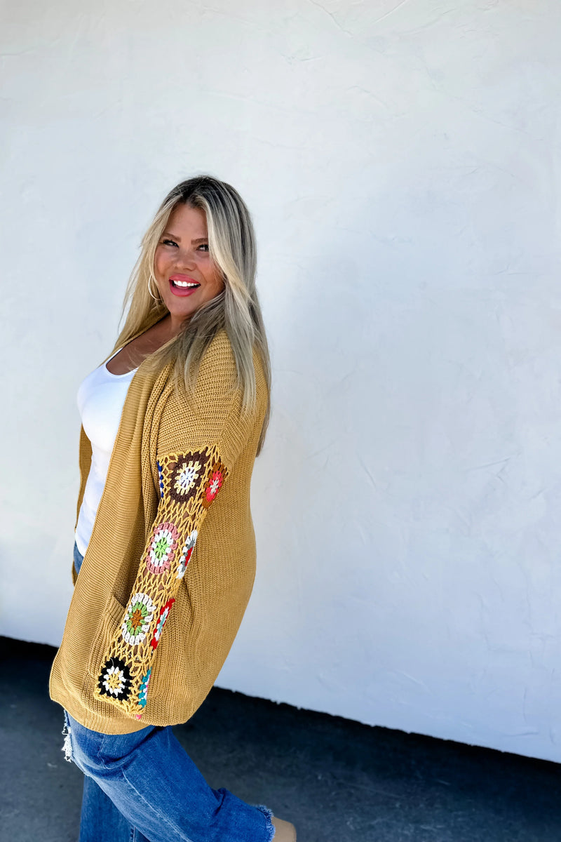 Annie Crochet Sleeve Cardigan in Mustard