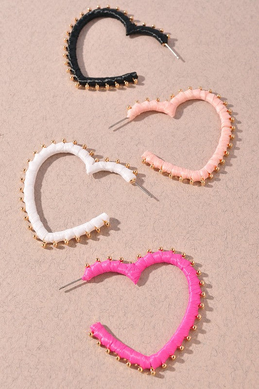 Raffia Wrapped Heart Hoop Earrings