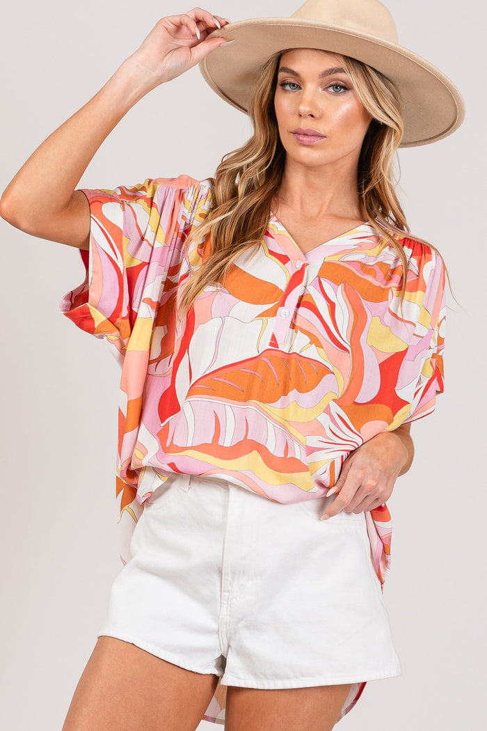 Sunny Abstract Print Half Button Blouse