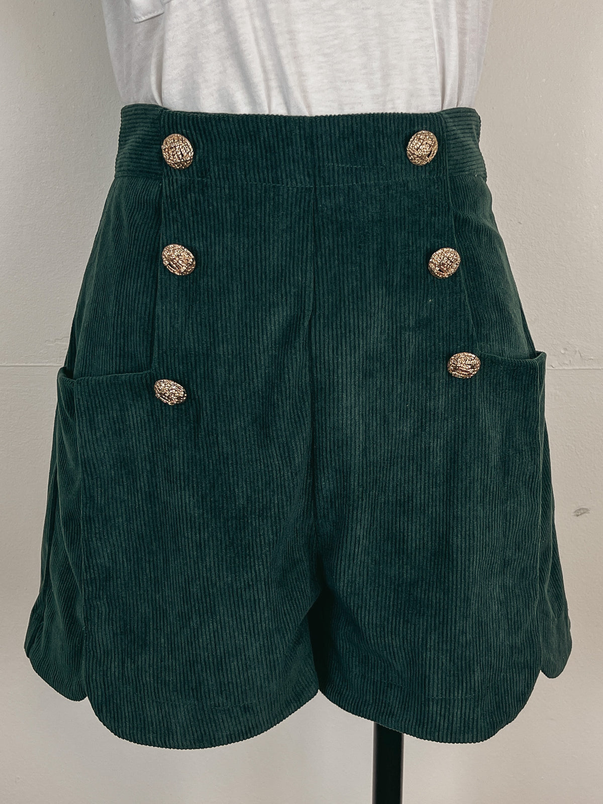 Button Front Cord Shorts in Pine Green