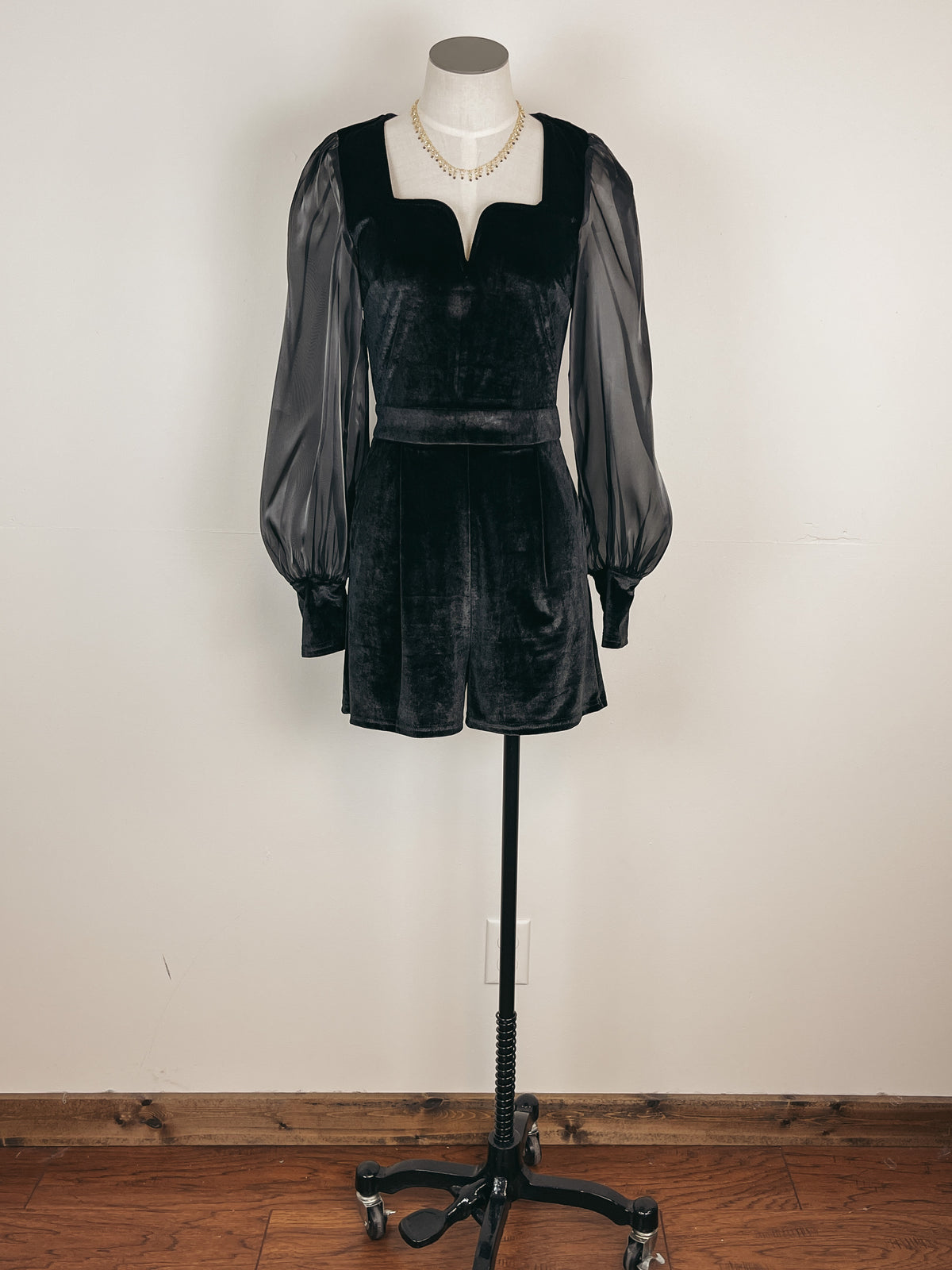 Sheer Sleeved Velvet Romper in Black