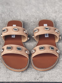 Double Strap Embellished Sandals in Beige