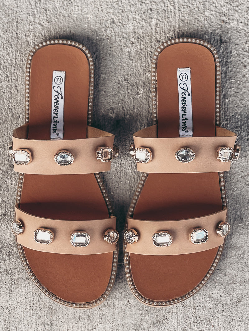Double Strap Embellished Sandals in Beige