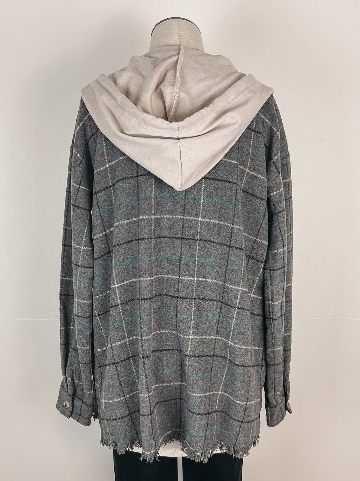 Grid Pattern Hooded Shacket in Charcoal