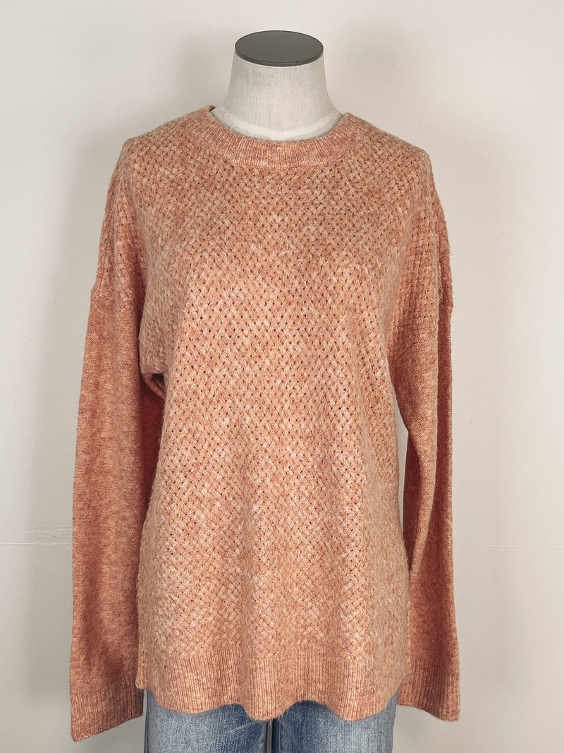 Crew Neck Basket Weave Sweater in Lt Orange