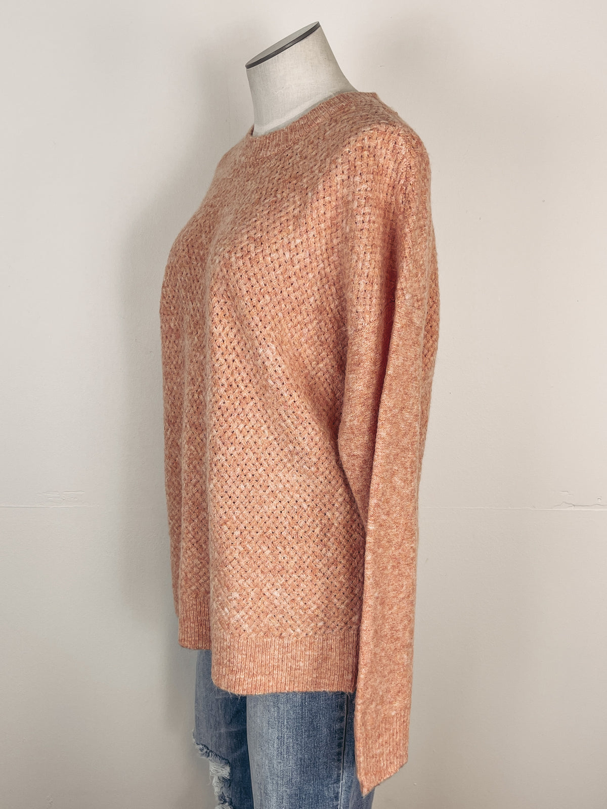 Crew Neck Basket Weave Sweater in Lt Orange