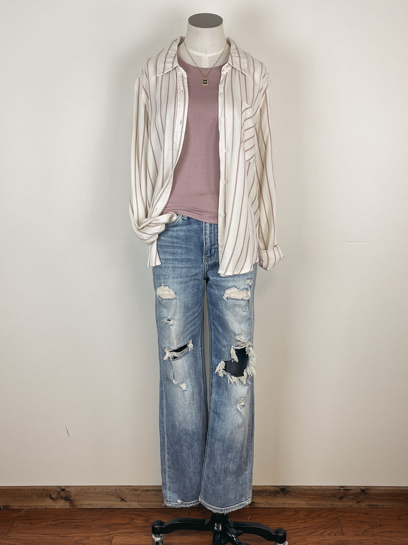 Venus Button Up in Mauve Stripe