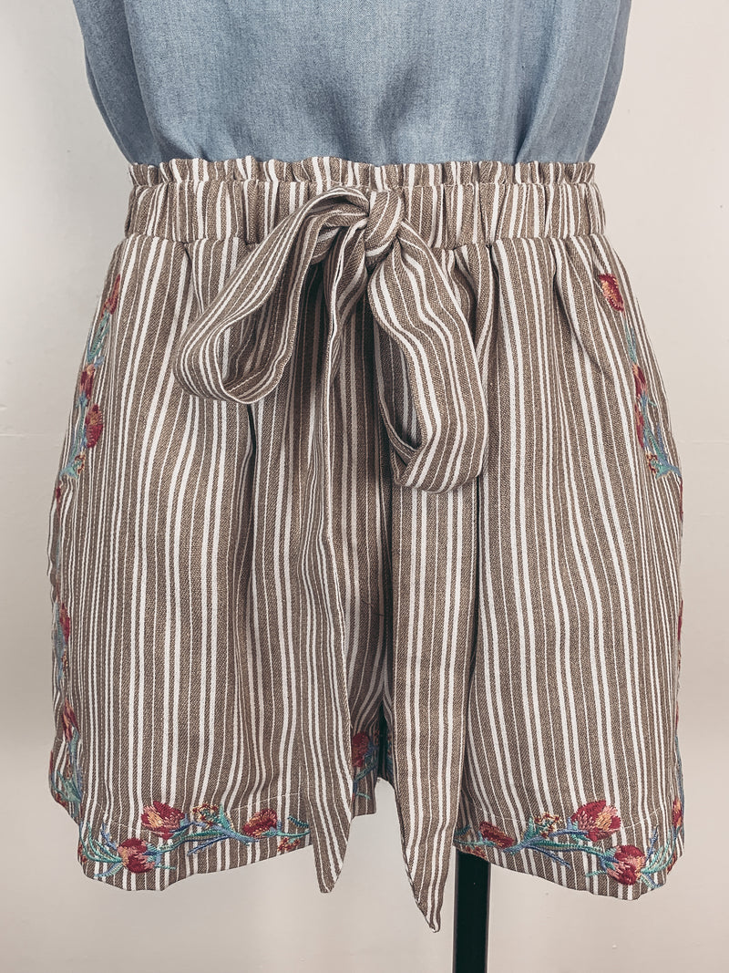 Embroidered and Striped Shorts in Khaki