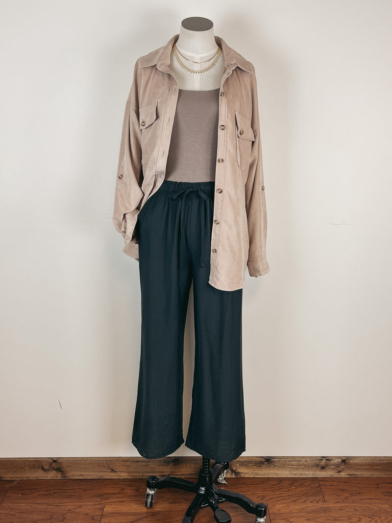 Faux Suede Button Down in Beige
