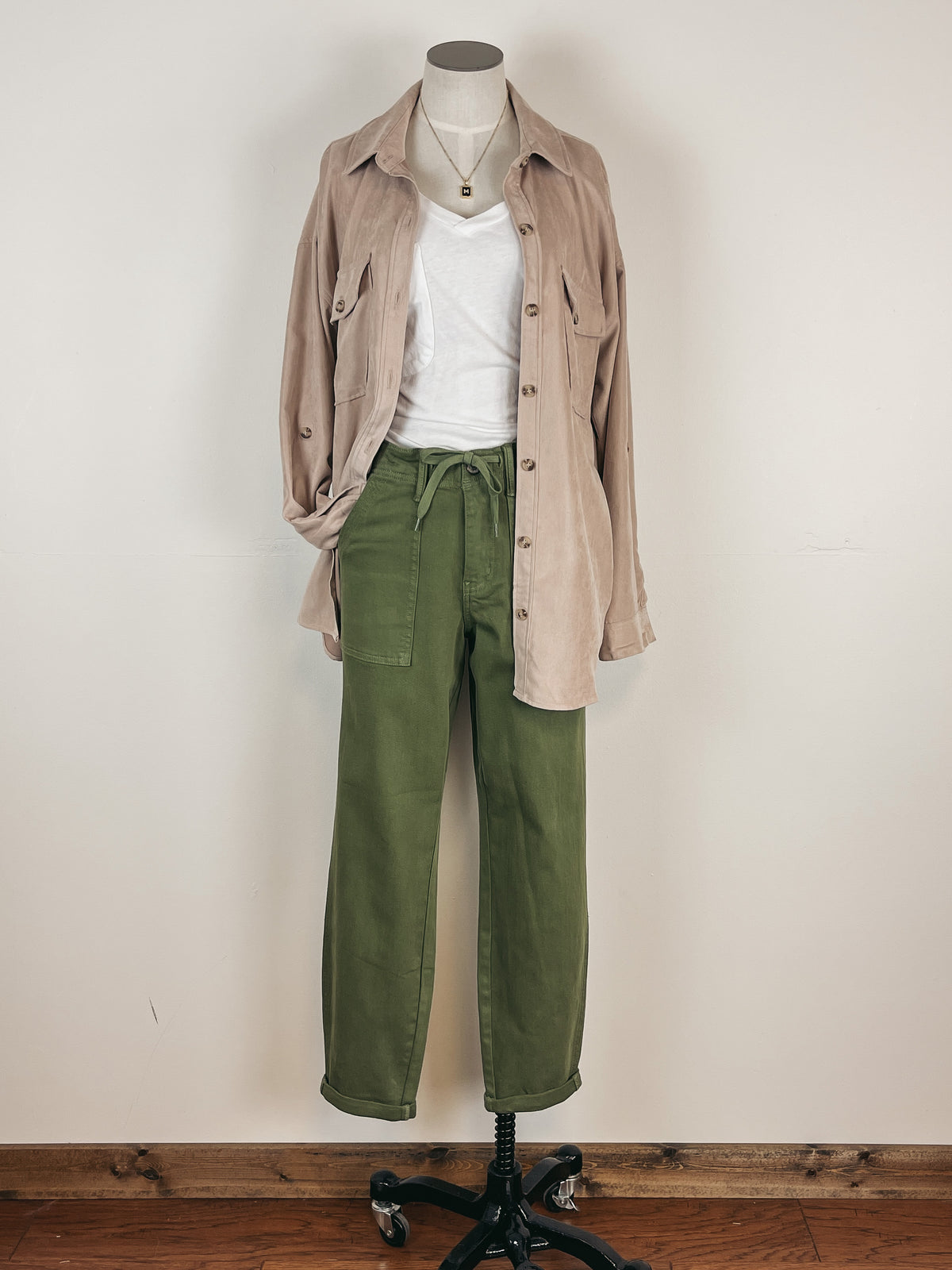Faux Suede Button Down in Beige