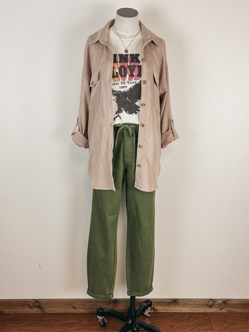 Faux Suede Button Down in Beige
