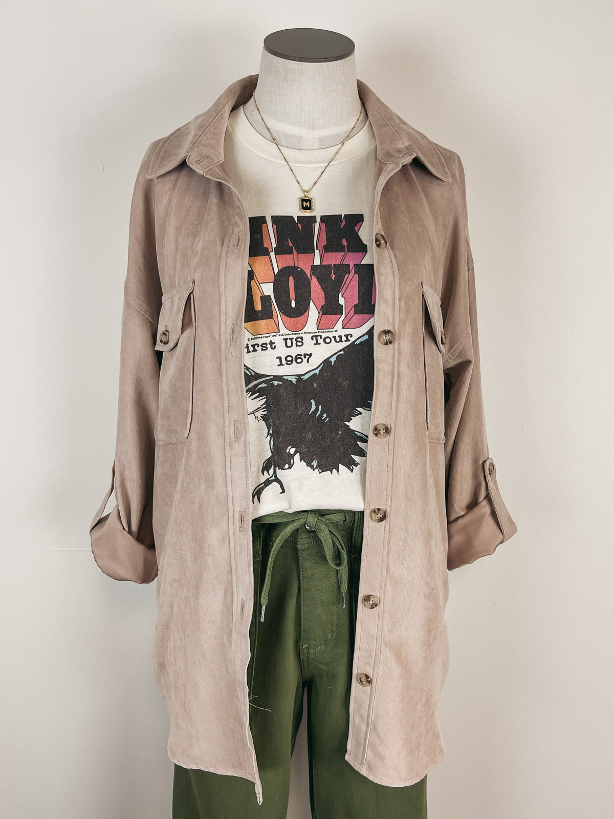 Faux Suede Button Down in Beige