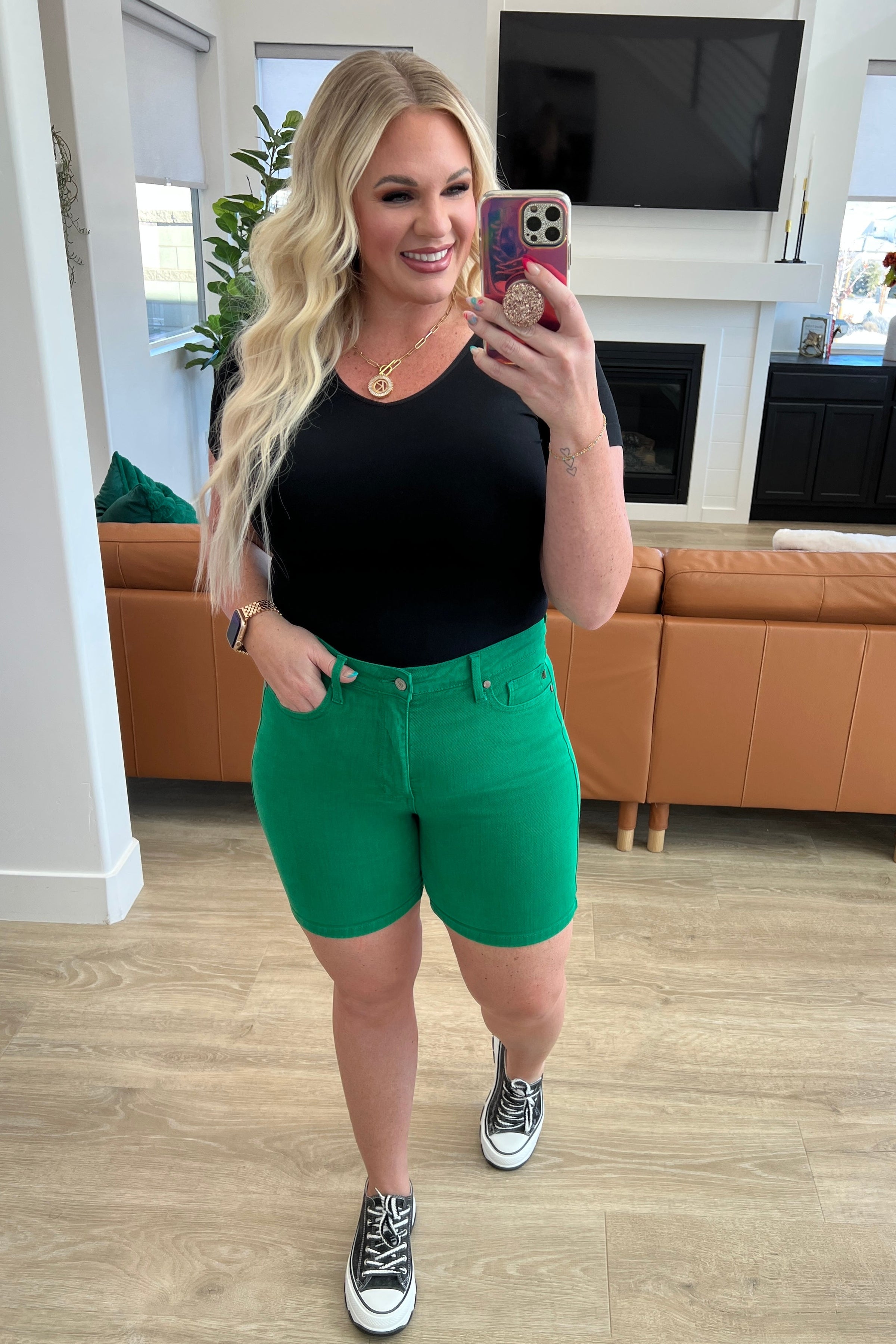 High Rise Tummy Control Cuffed Judy Blue Shorts in Green