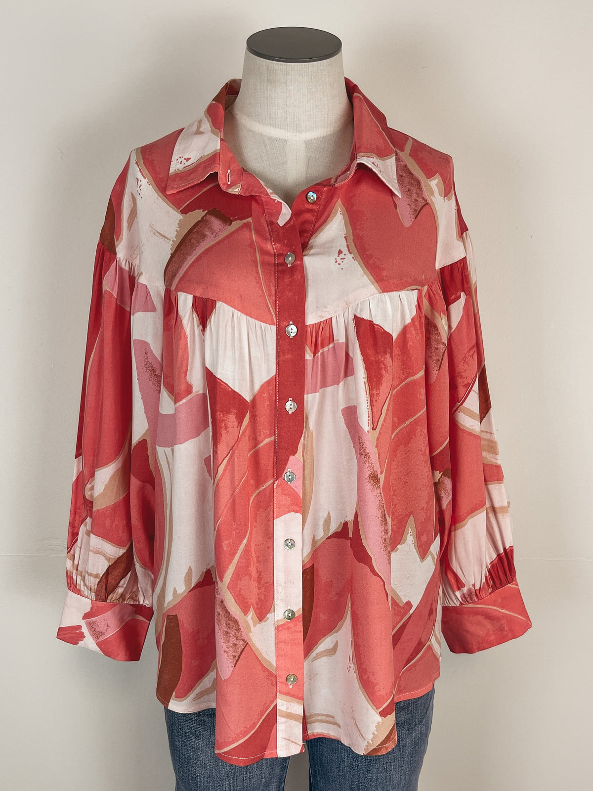 Printed Yoke Blouse in Coral Combo