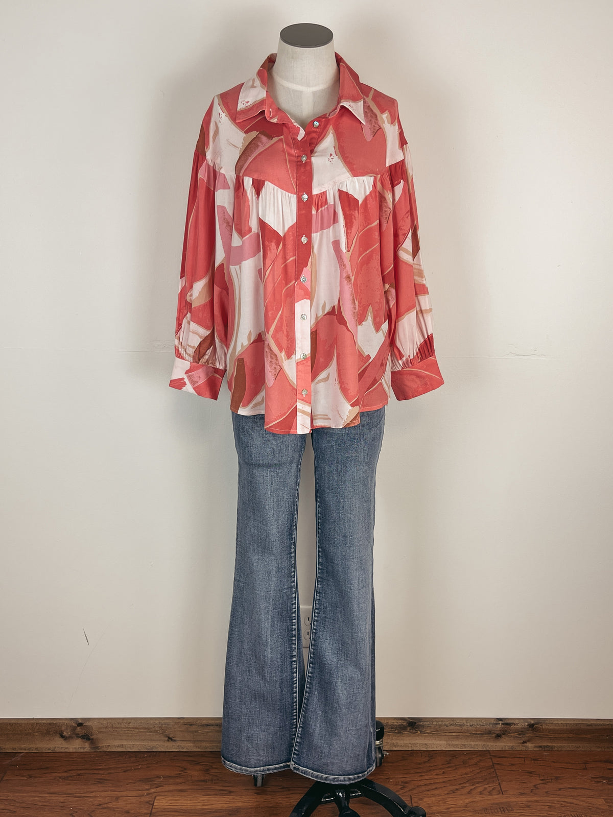 Printed Yoke Blouse in Coral Combo