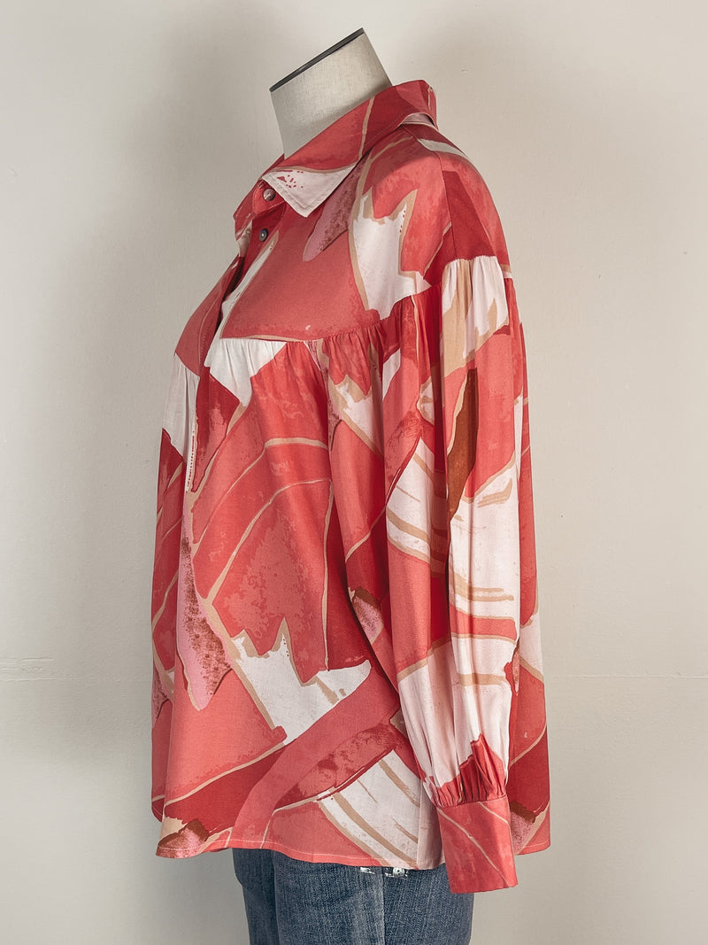 Printed Yoke Blouse in Coral Combo