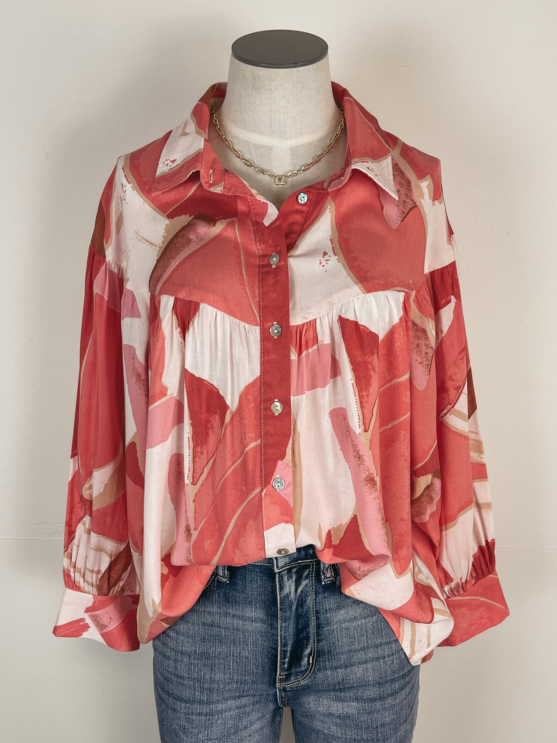 Printed Yoke Blouse in Coral Combo