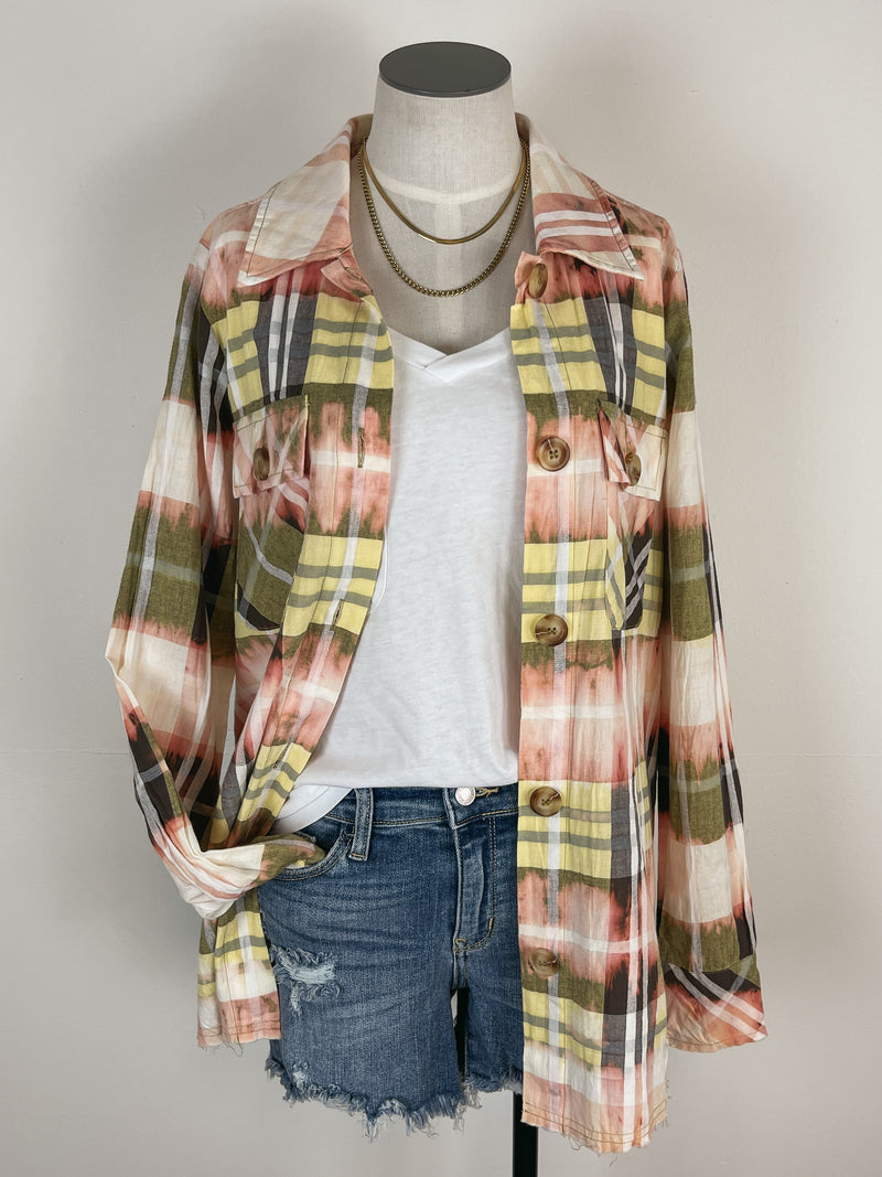 Mystree Bleached Dyed Plaid Button Down in Lemon/Coral