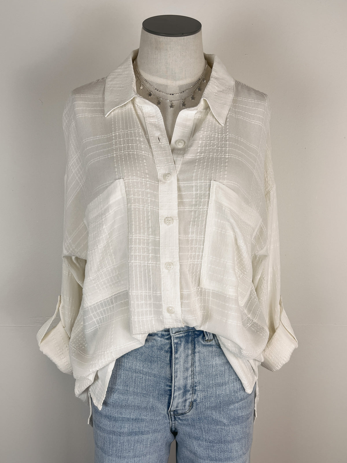 Half Button Down Jacquard Blouse
