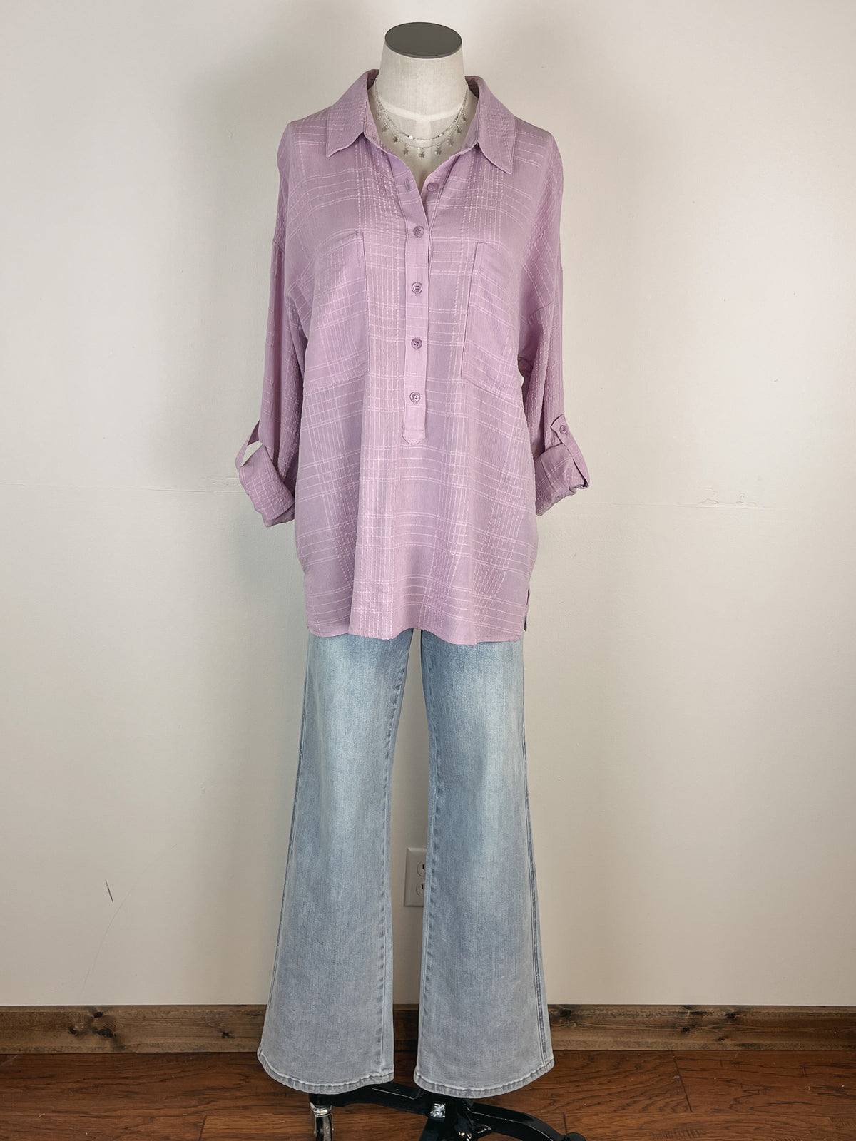 Half Button Down Jacquard Blouse