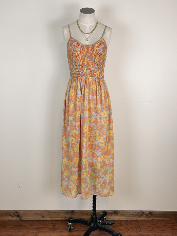 Mystree Smocked Floral Midi Dress in Orange Mix