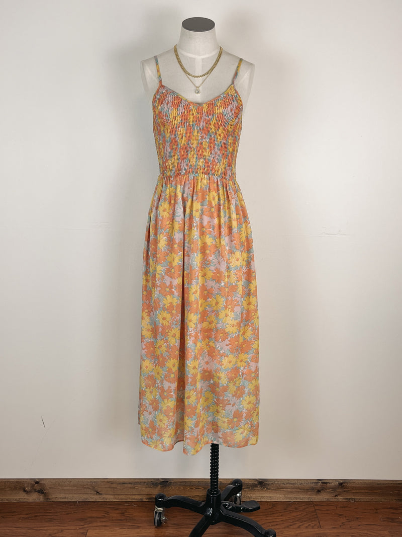 Mystree Smocked Floral Midi Dress in Orange Mix