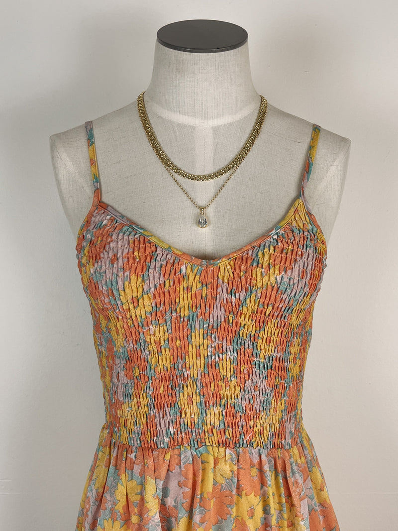 Mystree Smocked Floral Midi Dress in Orange Mix