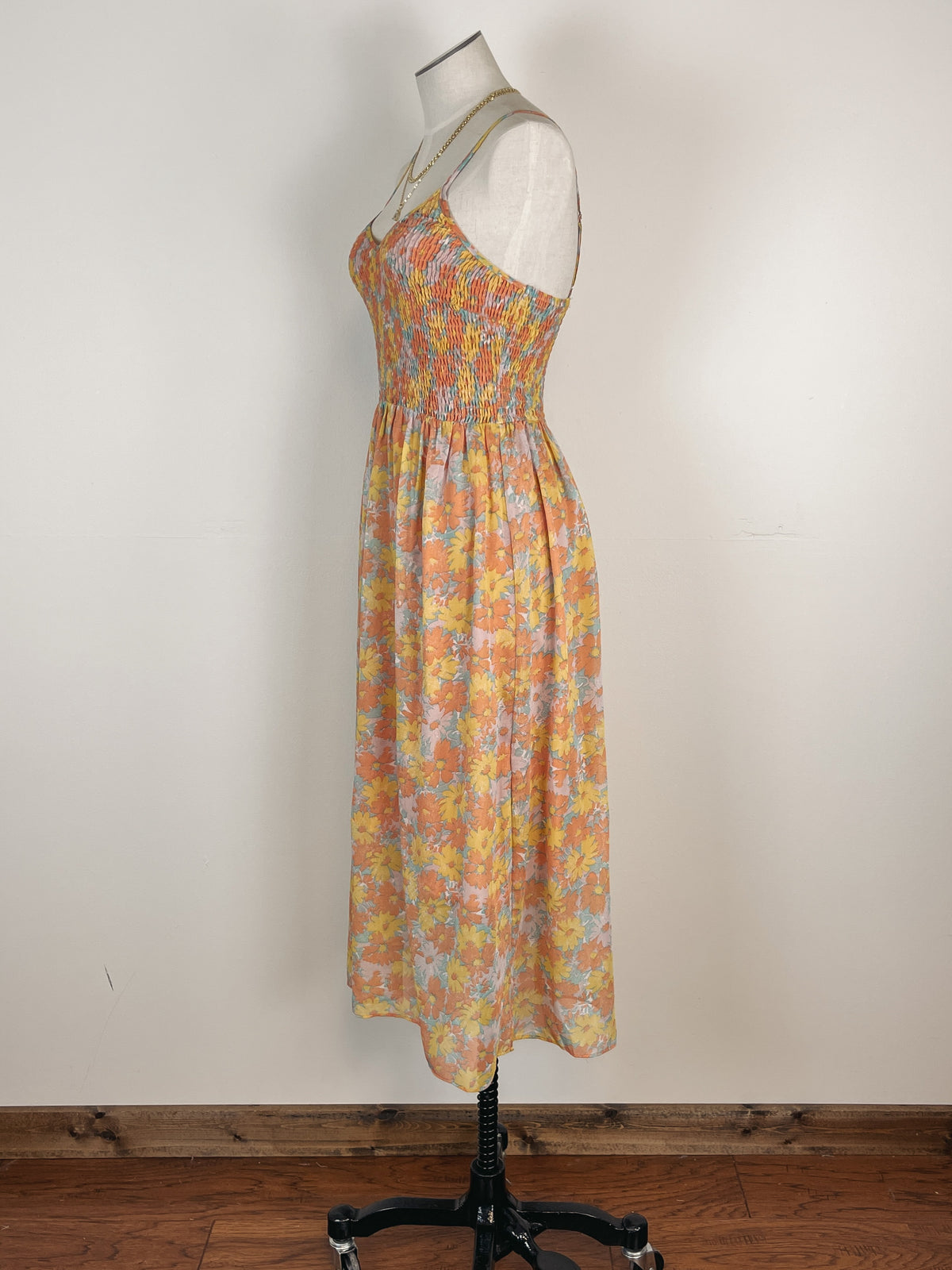 Mystree Smocked Floral Midi Dress in Orange Mix